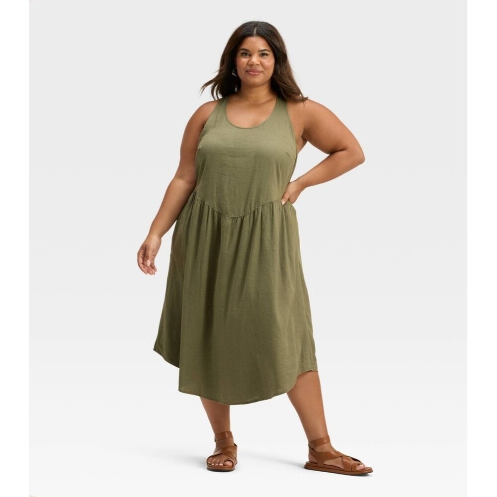 Universal Thread Women linen blend midi dress green XXL nwt sleeveless lagenlook